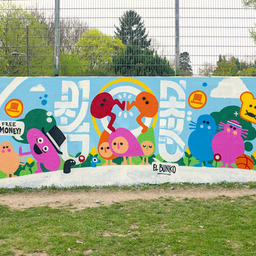 A painted wall with lots of colorful characters from the game Piku Niku. In the center there are Piku and Niku high fiveing with their feet.