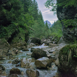 View of a narrow canyon with a small river running through.