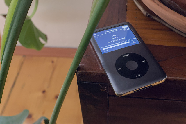 A space gray iPod on a wooden surface next to a plant pot.